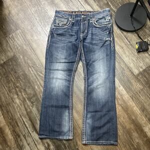 Rock Revival Shane Men's Embroidered Boot Cut Jeans 36x32 Distressed